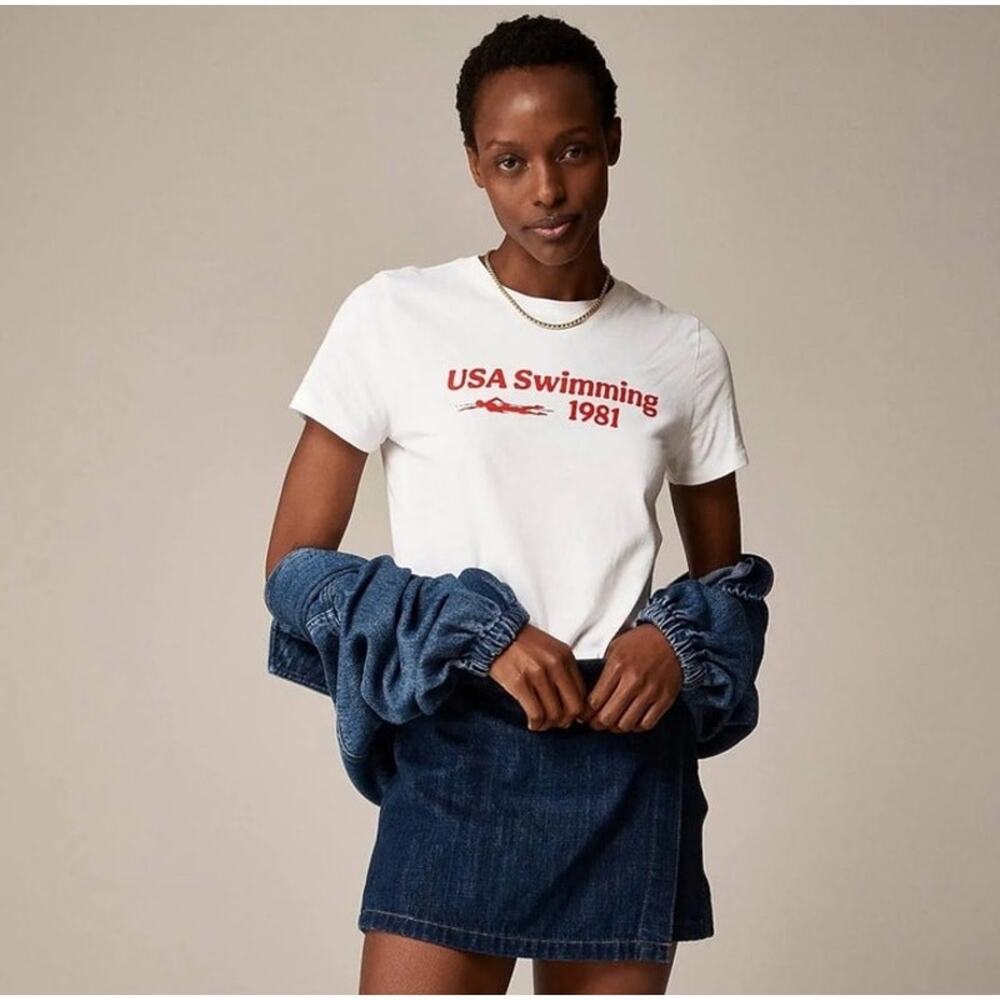 J.Crew T-Shirt WMNS S White USA Swimming Graphic Cotton Retro Athletic Americana
